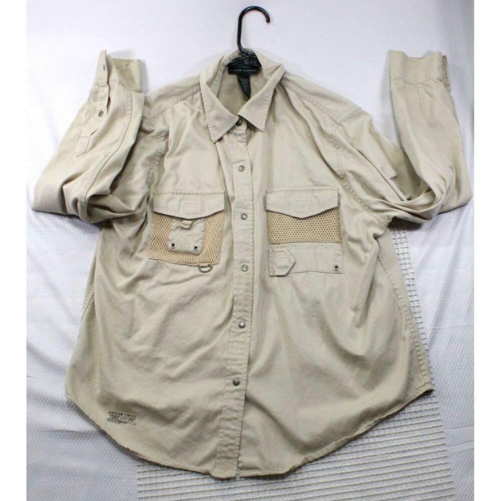 Ralph Lauren‎ Mens Cotton Twill Utility Shirt Beige Size Large With Mesh Pockets